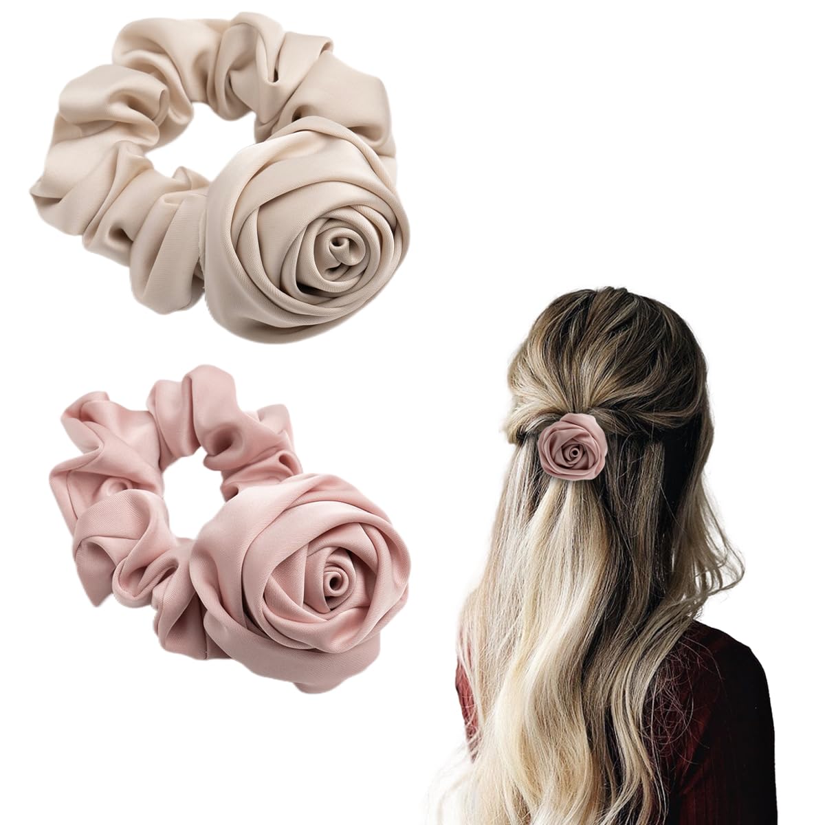 SXQLYH Pack of 2 Women's Satin Hair Bobbles with Large Rose for Women, Hair Scrunchies Flower Rose, Scrunchies Satin Elastic, Ponytail Holder, Hair Accessories for Women Girls (C)