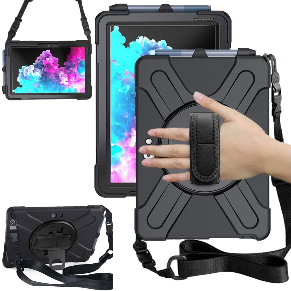 TECHGEAR X-Case fits Microsoft Surface Go 4 / Surface Go 3/2 / 1 10.5" Tough Rugged HEAVY DUTY Armour Shockproof Impact Case, 360 Rotating Stand, Hand Strap and Shoulder Strap - Black