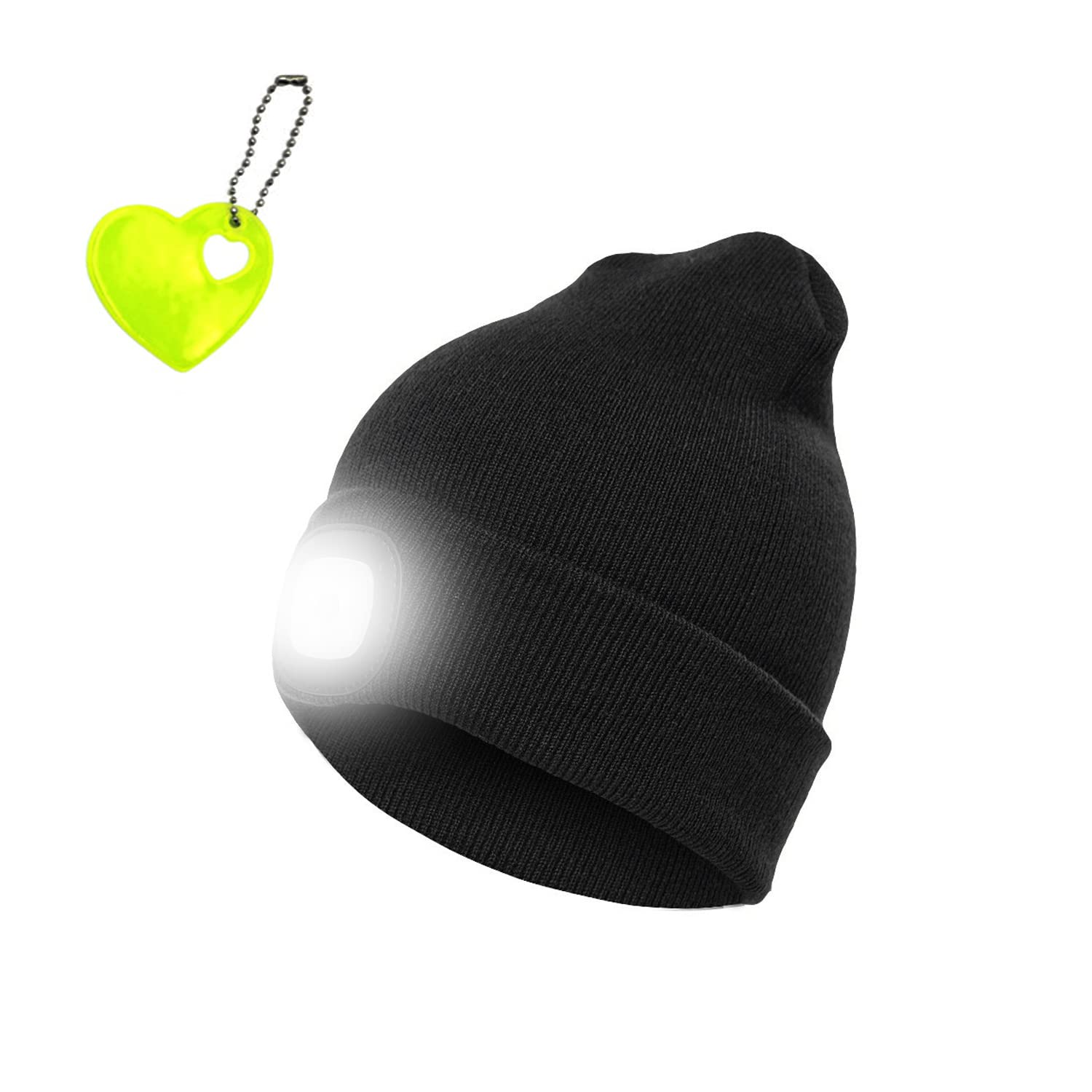 1 Piece of Knitted Hat with Light, with 1 Piece of Heart-Shaped Pendant, Mountaineering Hat That Can Be Illuminated, Unisex, Suitable for Night Running, Cycling, Mountaineering, Camping, Etc. Black