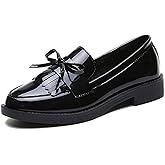 XHOGNLS Tassel Loafers for Women's Patent Leather Low Chunky Heel Bow Dress Shoes Fashion Slip-On Block Heel Slip-On Uniform Office Office Shoes