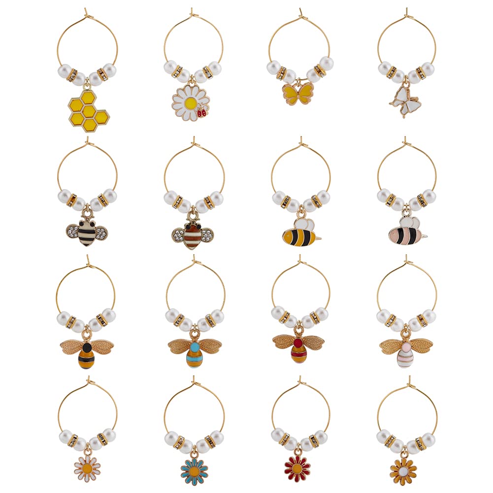 BENECREAT 16 Style Flower Wine Glass Charms, Butterfly Bee Honeycomb Goblet Drink Markers Tags Glass Wine Identifiers for Cocktail Champagne Tasting Party Favors Decoration Supplies Gifts