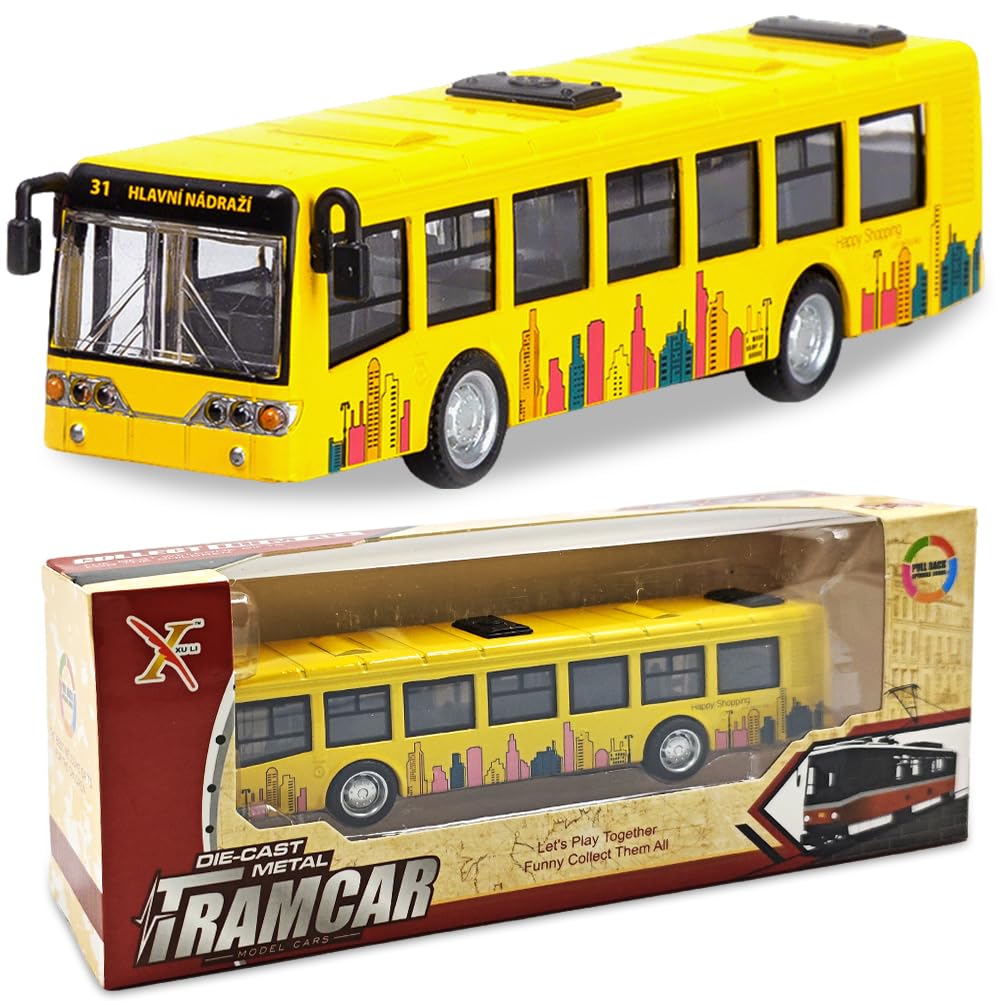Spiritzohic Bus Car, Bus Model Car Play Vehicles Pull Back Vehicle Alloy Diecast Vehicles Mould Pull-Back Buss Play Vehicle with Lights and Sounds City Cars Model Gift for Birthday (Yellow)