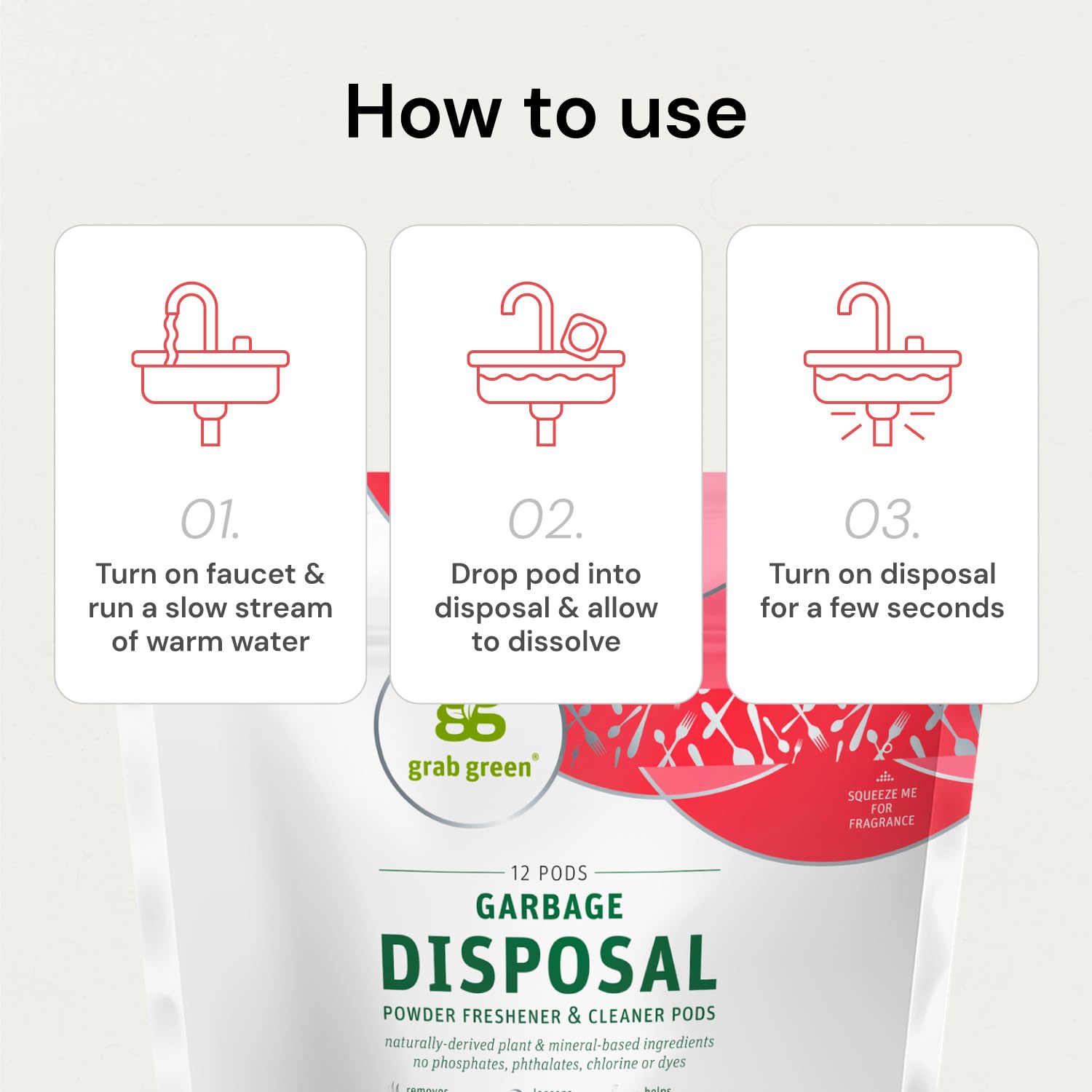 Grab Green Garbage Disposal Freshener and Cleaner Pods, 12 Count, Tangerine with Lemongrass Scent, Plant and Mineral Based, Removes Odors, Loosens Grime, Prevents Clogging