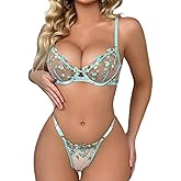 KAYLLE&KT Lingerie for Women Sexy Floral Embroidered See Through Underwire Bra and Panty Set