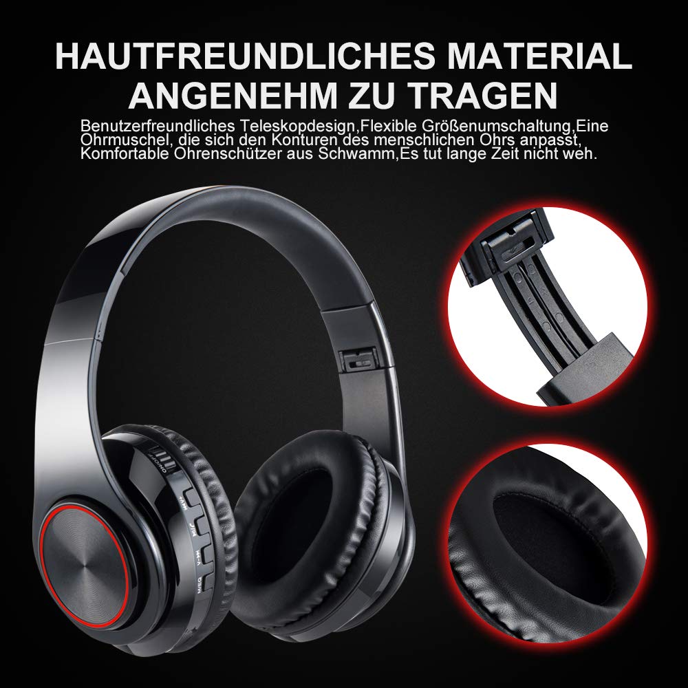 Ruicer Wireless Bluetooth Kopfhörer - Over Ear Kopfhörer Schwarz Funkkopfhörer Faltbare Headsets mit Mikrofon FM und LED-Licht