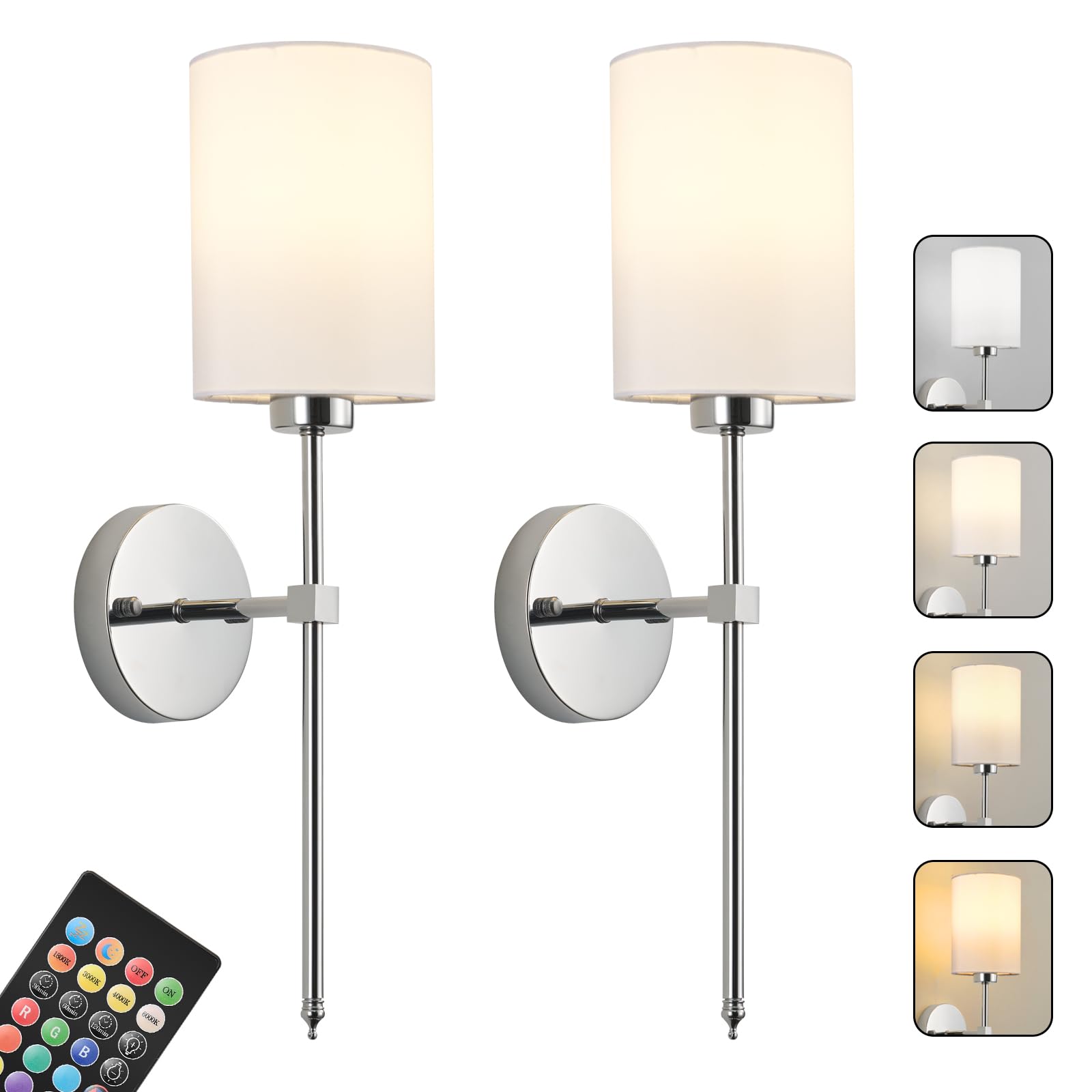 Photo 1 of Battery Operated Wall Sconces Set of Two,Wireless Rechargeable Wall Light With Remote Control, Dimmable, Amber Light/Warm White/Natural White/Daylight/RGB,Timer,for Living Room,Bedroom,Entryway,Chrome