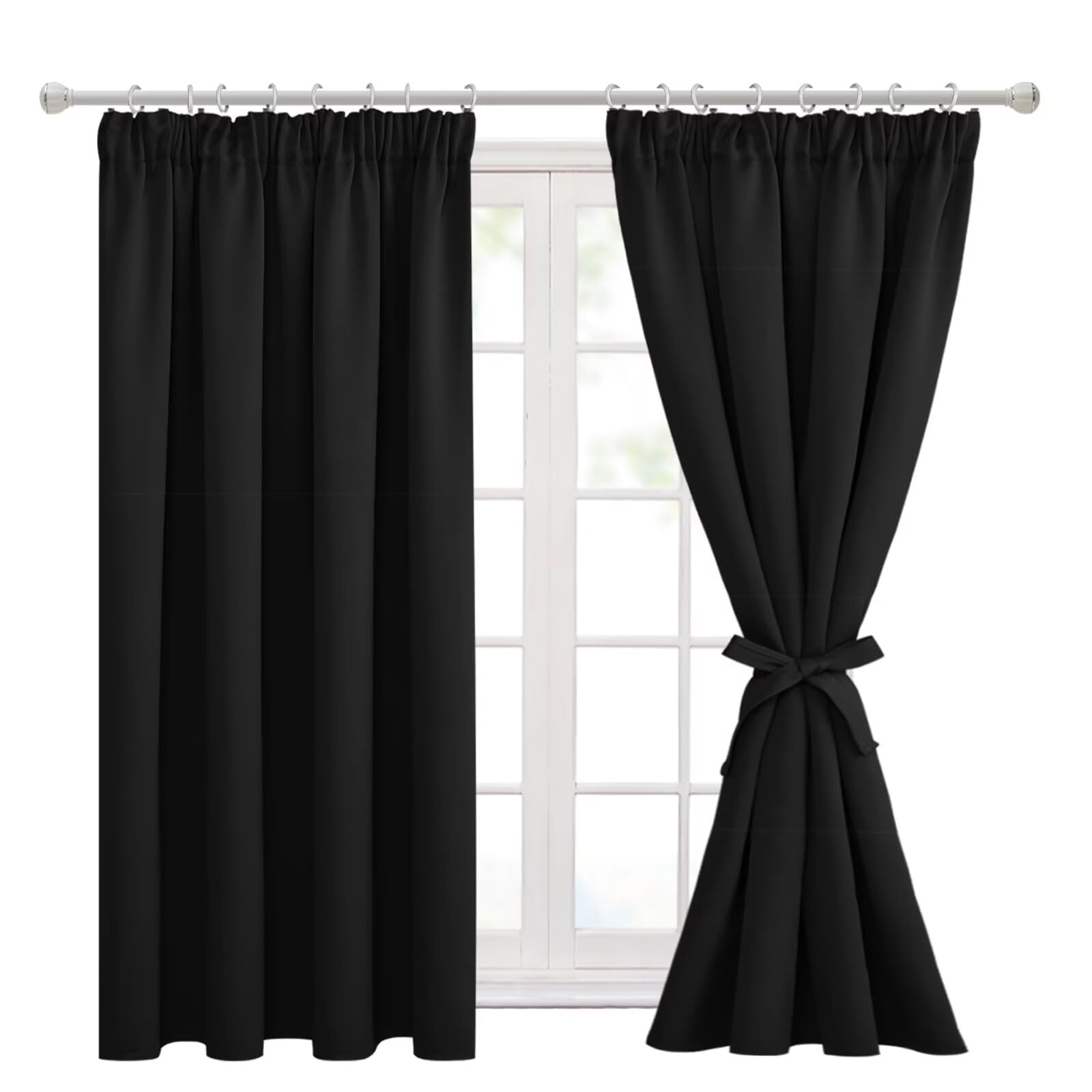 Hiasan Pencil Pleat Blackout Thermal Insulated Curtains, Bedroom and Living Room with Tiebacks, Energy Saving and Noise Reducing, 2 Panels, 46 x 54 Inch, Black