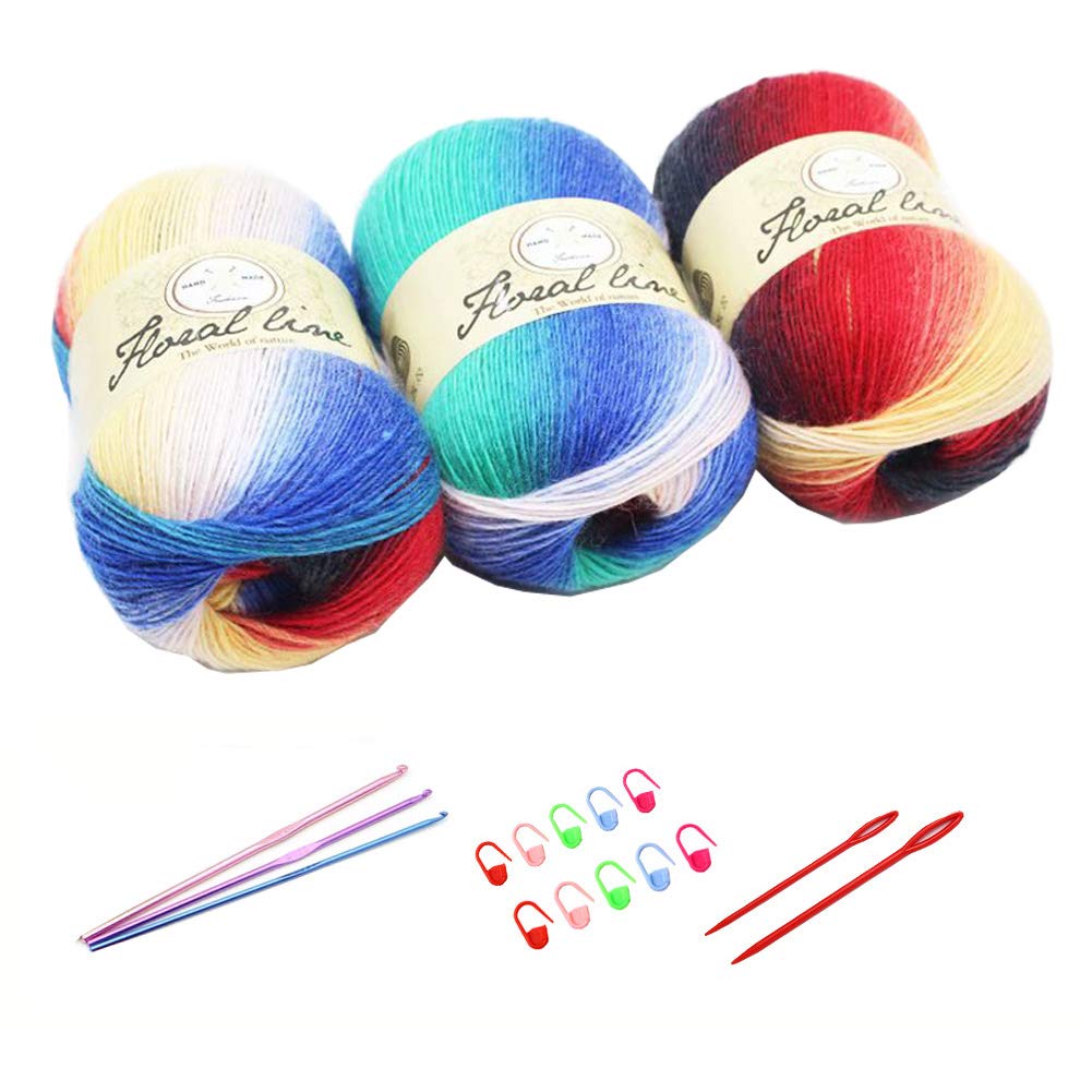 3X 100g Rainbow Wool Yarn Balls Chunky Knit Double Pom Pom Coloured Chunky Wool with 3 Crochet Hooks, 2 Needles, 10 Crochet Locking Stitch Markers for Beginners (219)