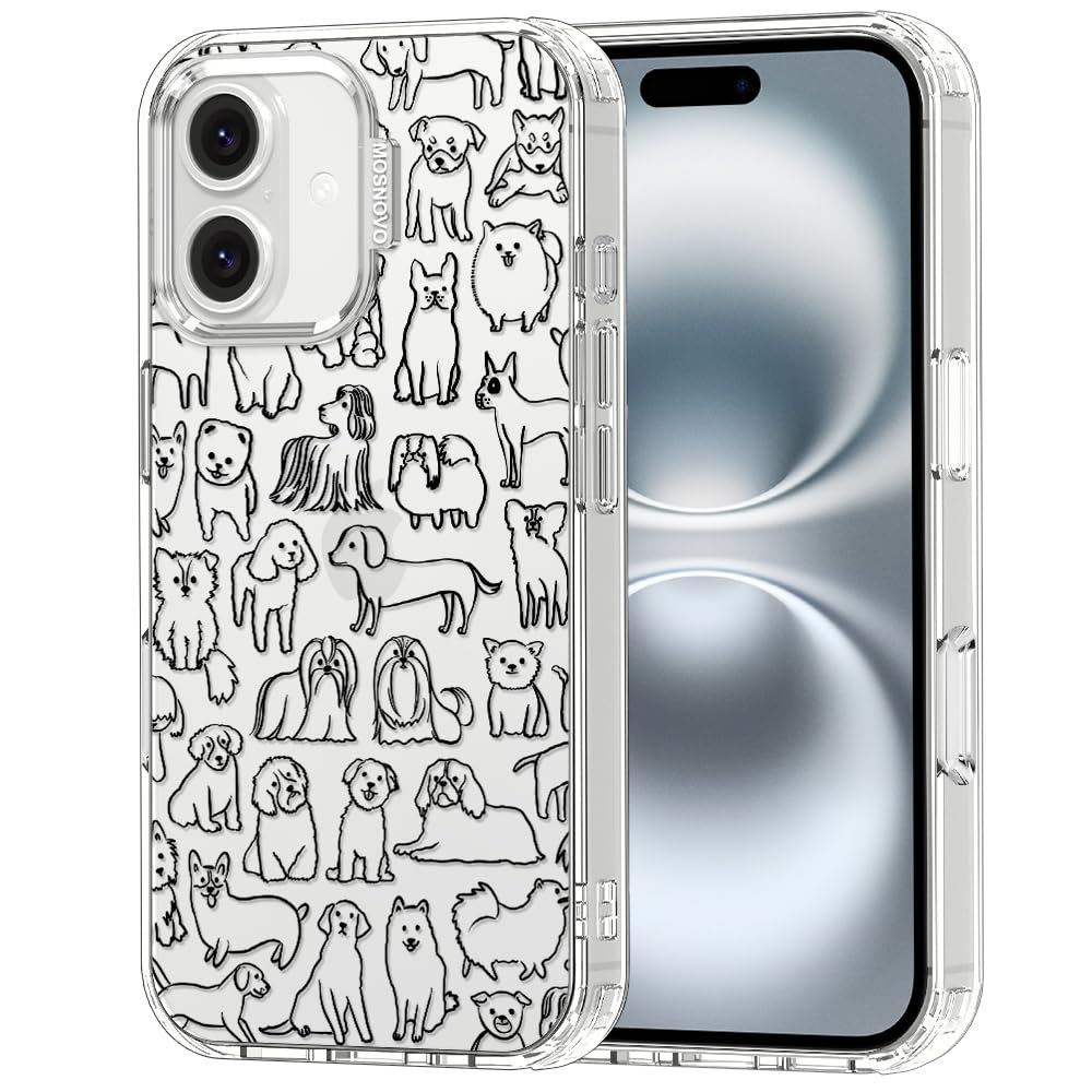 MOSNOVO Case for iPhone 16 Plus, [Buffertech 6.6ft Military-Grade Drop Protection] [Anti Peel Off Tech] Clear TPU Bumper Phone Case Cover Design - Doodle Dog