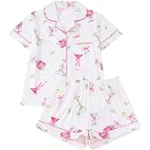 FUVYKOL Women's 2 Piece Wine Print Pajama Sets Sleepwear Short Sleeve Wineglass Nightwear Soft Pjs Lounge Sets