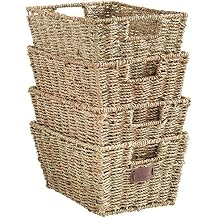 VonHaus Set of 4 Seagrass Storage Baskets with Insert Handles Ideal for Home and Bathroom Organization - 12(L) x 9(W) x 6(H) inches