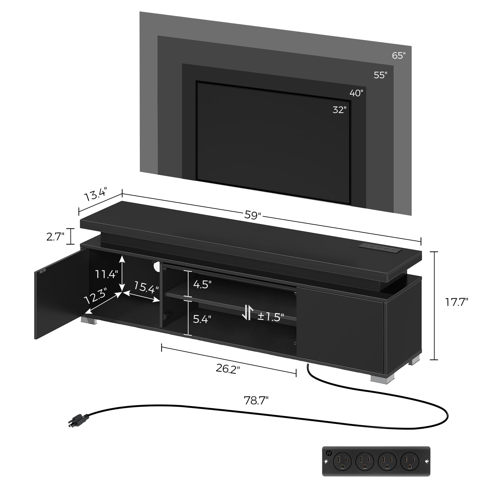 Rolanstar TV Stand with Power Outlet & LED Lights, Modern Entertainment Center for 32/43/50/55/65 Inchs TVs, TV Table, Universal Gaming LED TV Media Stand with Large Storage Cabinet, Black