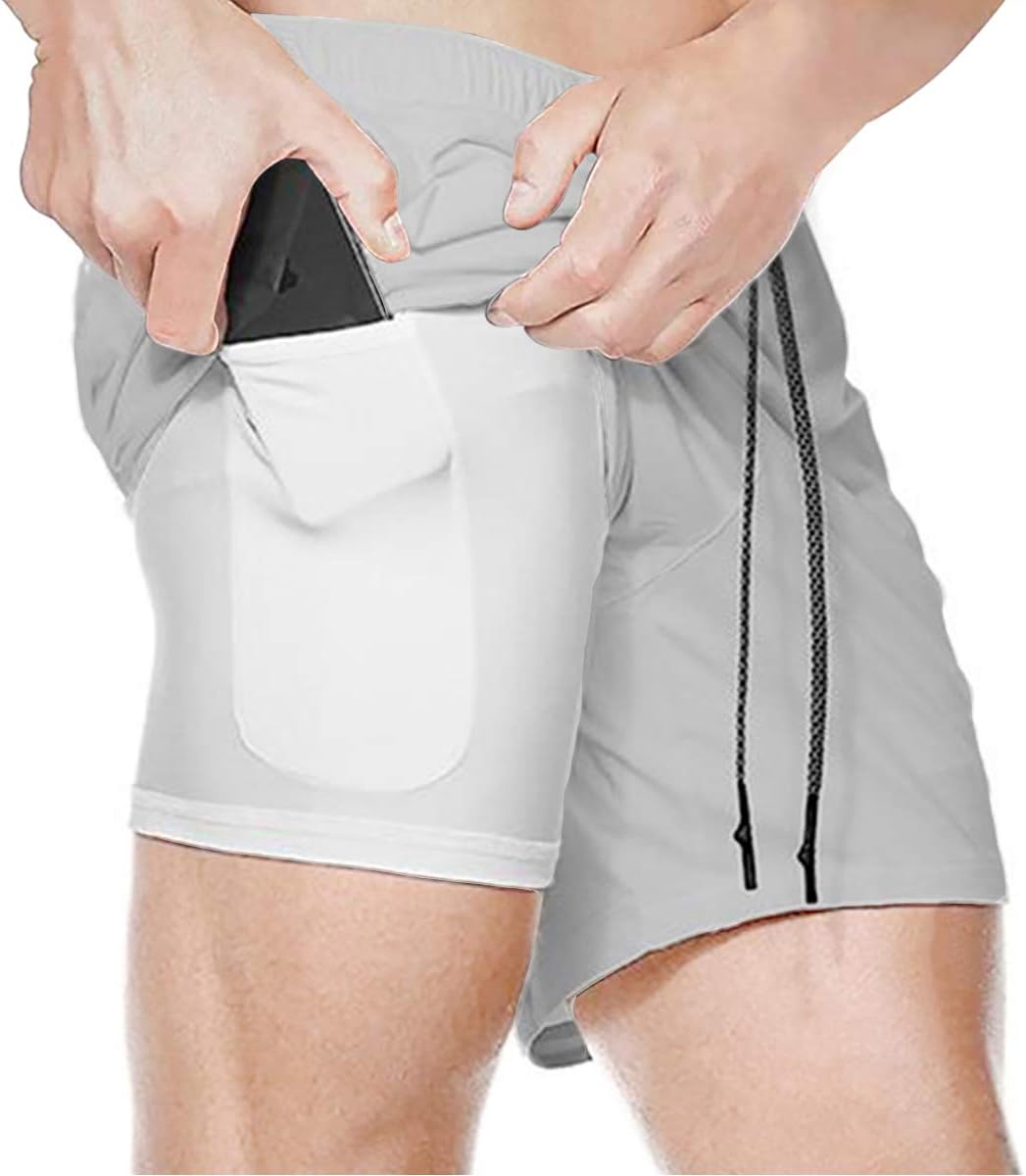 FTIMILD Men Quick-Drying Breathable Running Training Double-Layer Fitness Short Pants Grey