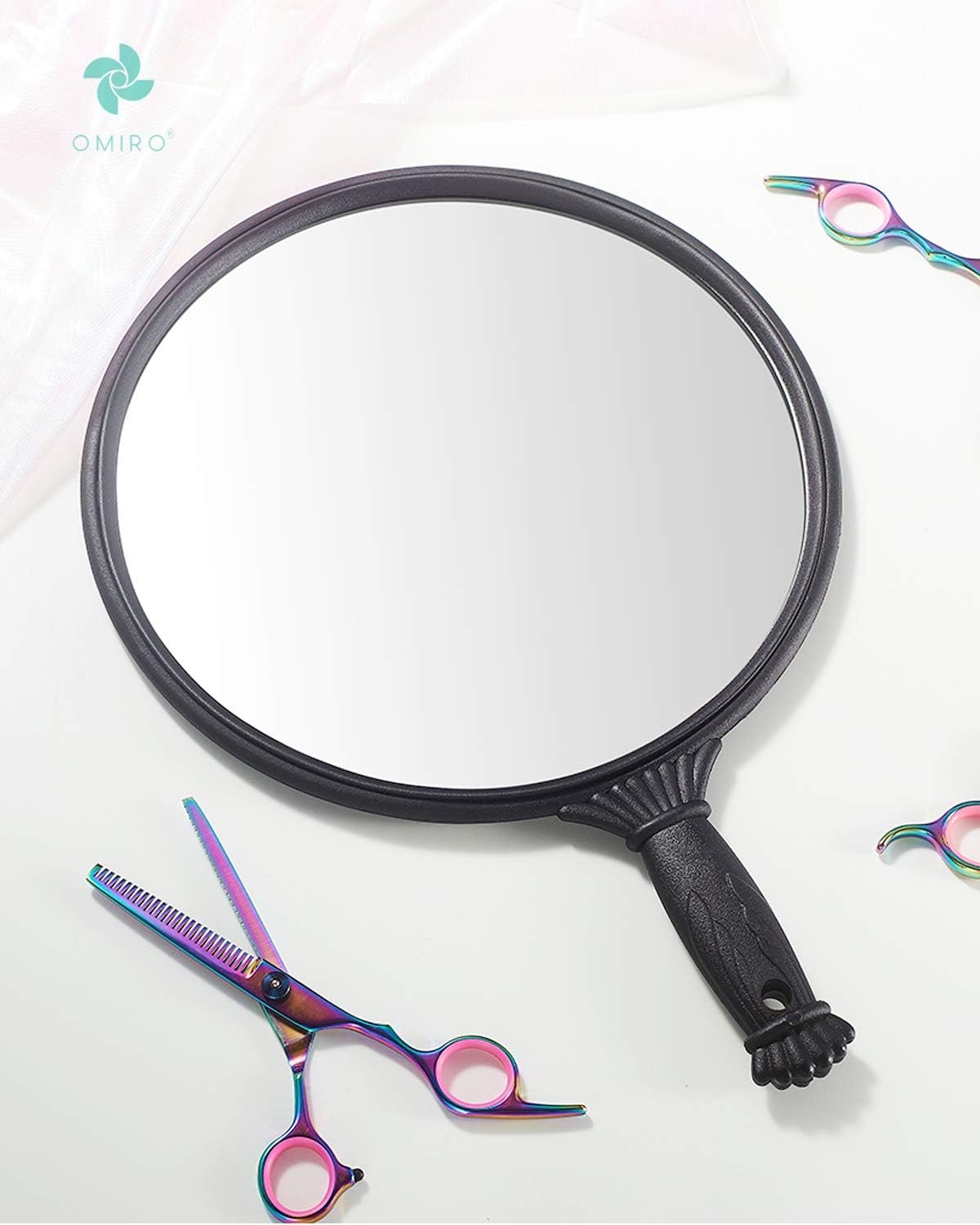 OMIRO Hand Mirror, 10" Round Handheld Mirror with Embossed Handle, Black: Furniture & Decor