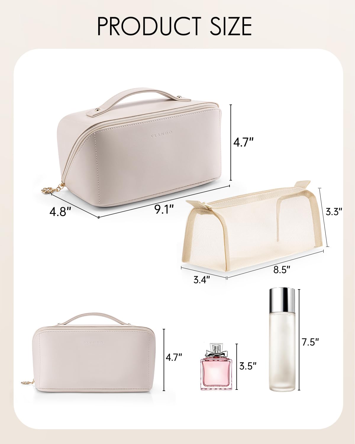 Vlando Travel Makeup Bag,Make up Bag Travel Toiletry Bag for Women Open Flat Makeup Organizer with Divider and Handle-White