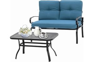 Incbruce Patio Loveseat with Coffee Table - Outdoor Bench with Cushion,2 Piece Wrought Iron Outdoor Loveseat Metal Frame Porch Furniture Set Bench for Patio, Poolside, Garden (Peacock Blue)