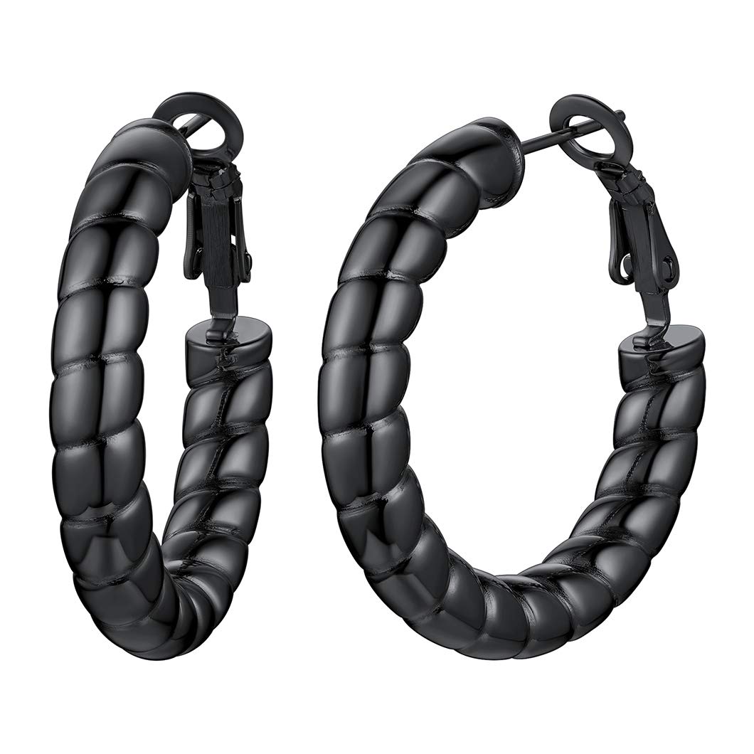 Richsteel Helix Earrings For Women 25MM Wide Hollow Round Wire Tube Loop Earring Lightweight Black Plated Stainless Steel Jewellery For Girls Present For Sister Shrimp Button Earbob (With Gift Box)