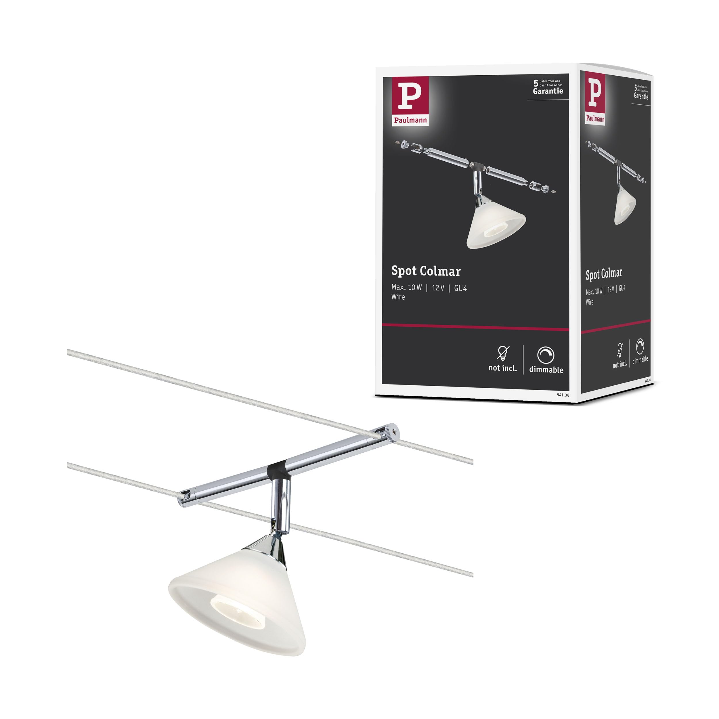 Paulmann 94138 Cable Lighting System – Colmar Spot Light Extension Max 10 Watt Chrome/Satin Wire Cable Lighting System Without Bulbs,8.5 x 16 x 11 cm