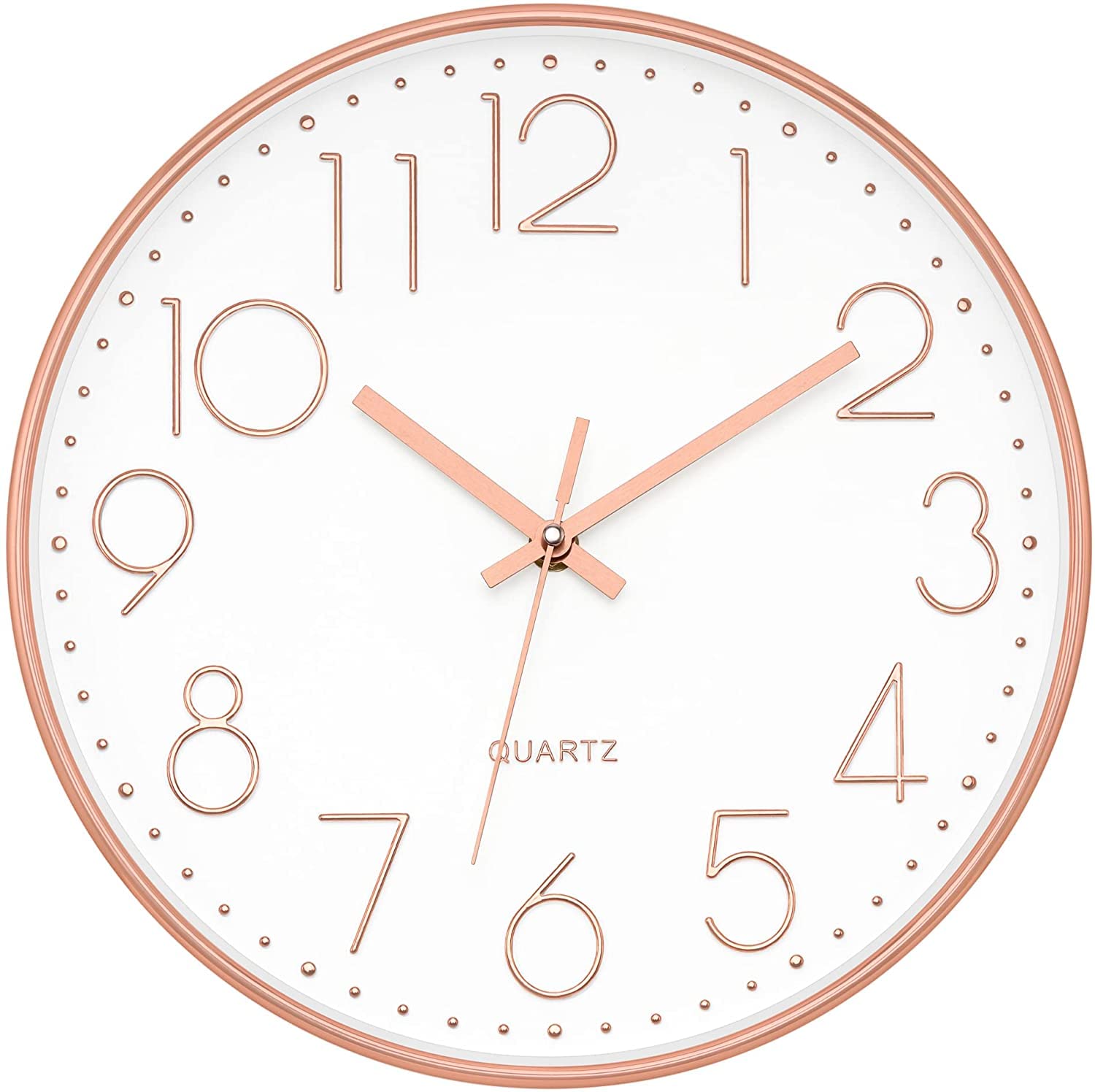 Foxtop Wall Clock 12 Inch Silent Non Ticking - Rose Gold Analogue Clock with Large Numbers, Battery Operated Quartz Movement for Bedroom, Kitchen, Living Room, Office