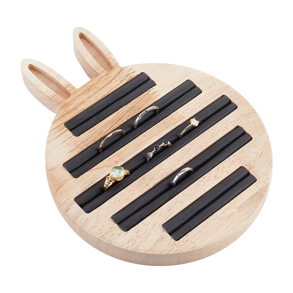 NBEADS Rabbit Bamboo Ring Display Tray, 5 Slots Ring Earring Storage Holder Wooden Jewelry Display Tray with Black PU Imitation Leather Grooves for Jewelry Retail Display Selling, 19.5x15x1.7cm