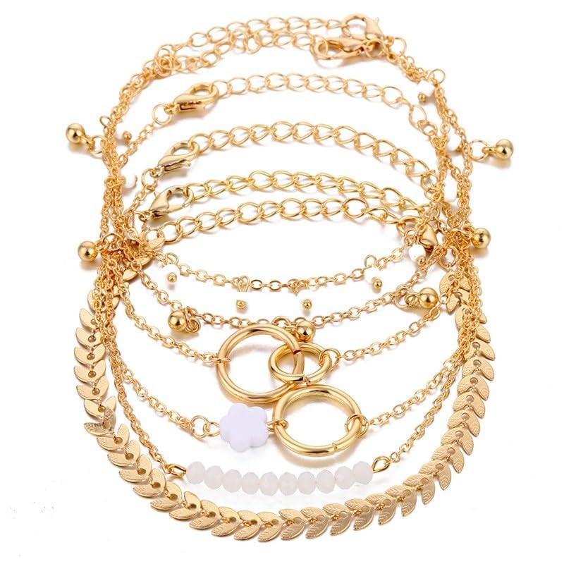 Branets Boho Layered Beaded Bracelets Set Gold Bangle Tassel Bracelet Circle Hand Chain Jewelry Accessories for Women Girls (6 pcs)