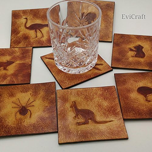 Australian animals leather Mug Coaster, home decor, gift, wombat kangaroo emu spider dingo dog echidna kiwi bird crocodile tasmanian devil