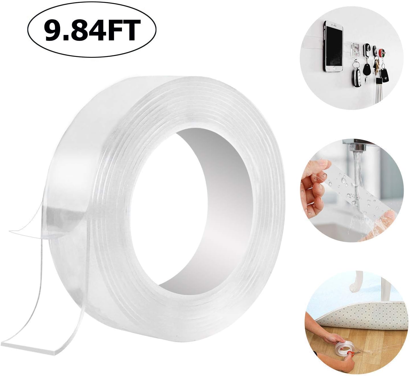 CRISTEY Reusable Adhesive Tape 9.84ft Multifunctional Nano Tape Double Sided Gel Anti Slip Traceless Transparent Sticky Cuttable Tape for Paste Photo Poster Key Carpet Mat Art DIY (Transparent, 3 m)