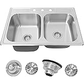 Rhbamoa 33''x22'' Drop In Kitchen Sink Double Bowl,18-Gauge T304 Stainless Steel Kitchen Sink 33 Inch,Deep Top Mount Double s