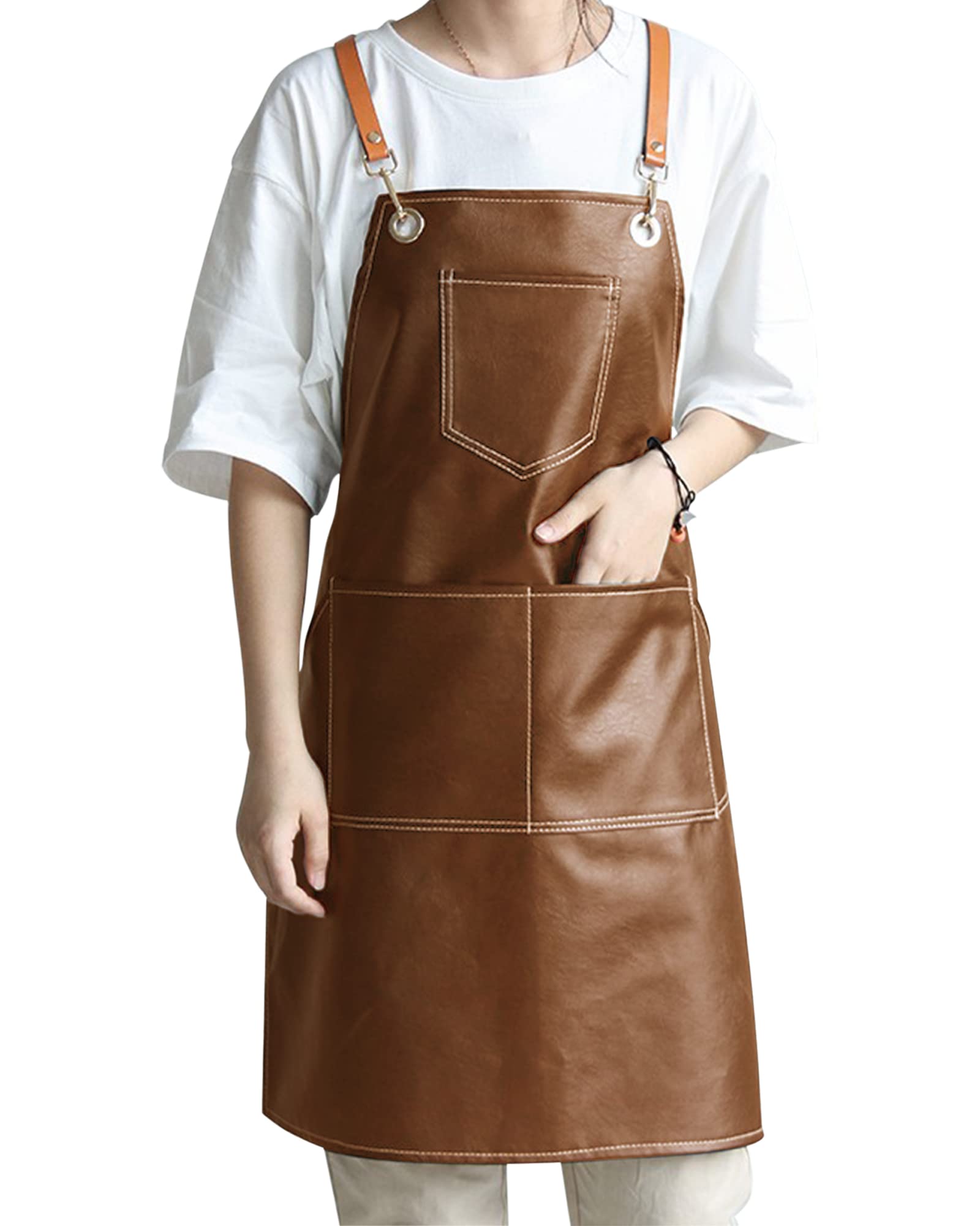 Small snail Retro PU Leather Apron Women Men Pinafore with 5 Pockets Waterproof Cross Back Artist Apron for Pottery Garden Craft Painting Woodworking Hairdressing Cafe