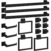 Cilee 15-Pieces Bathroom Hardware Set - Matte Black Bathroom Accessories, 24 Inch Towel Bar, Square Towel Ring, Toilet Paper Holder, Towel Hook, Wall-Mounted Stainless Steel Towel Bar Rack Set