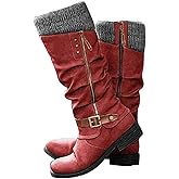 Knee High Boots for Women – Low Heel Round Toe Winter Riding Motorcycle Boots, Fashion Side Zipper Vintage Booties, Waterproof Comfort Hiking Shoes