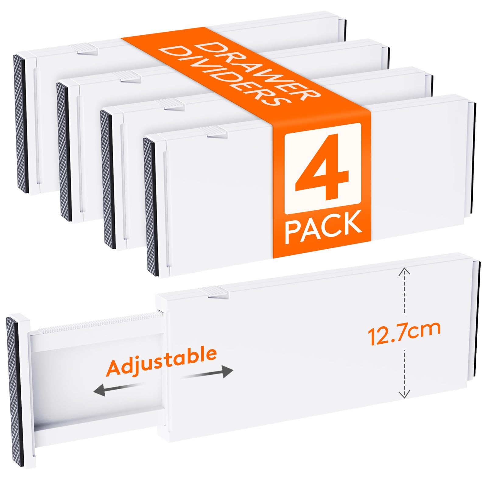 Lifewit 4 Pack 5" High Drawer Dividers 34-56cm/13.5-22" Adjustable Drawer Organiser for Clothes/Utensils, Expandable Kitchen Drawer Dviders, Drawer Separator in Bedroom/Bathroom/Dresser/Office White