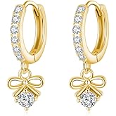 SLUYNZ Sterling Silver CZ Bowknot Hoop Earrings for Women Teens Small Bow Hoop Earrings Huggie Drop