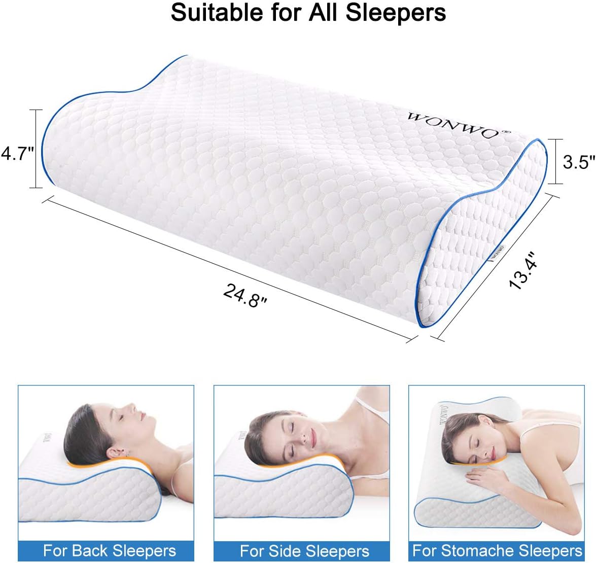 Wonwo Memory Foam Pillow, Ergonomic Contour Cervical Massage Deep Sleep Neck Support Bed Pillow with Removable Washable Cover, CertiPUR-US (Standard Size): Home & Kitchen