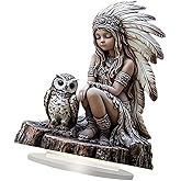 Indian Girl Owl Statue Native American Figurine Home Decor Gift Flat Acrylic Ornament Collectible Sculpture for Xmas Office