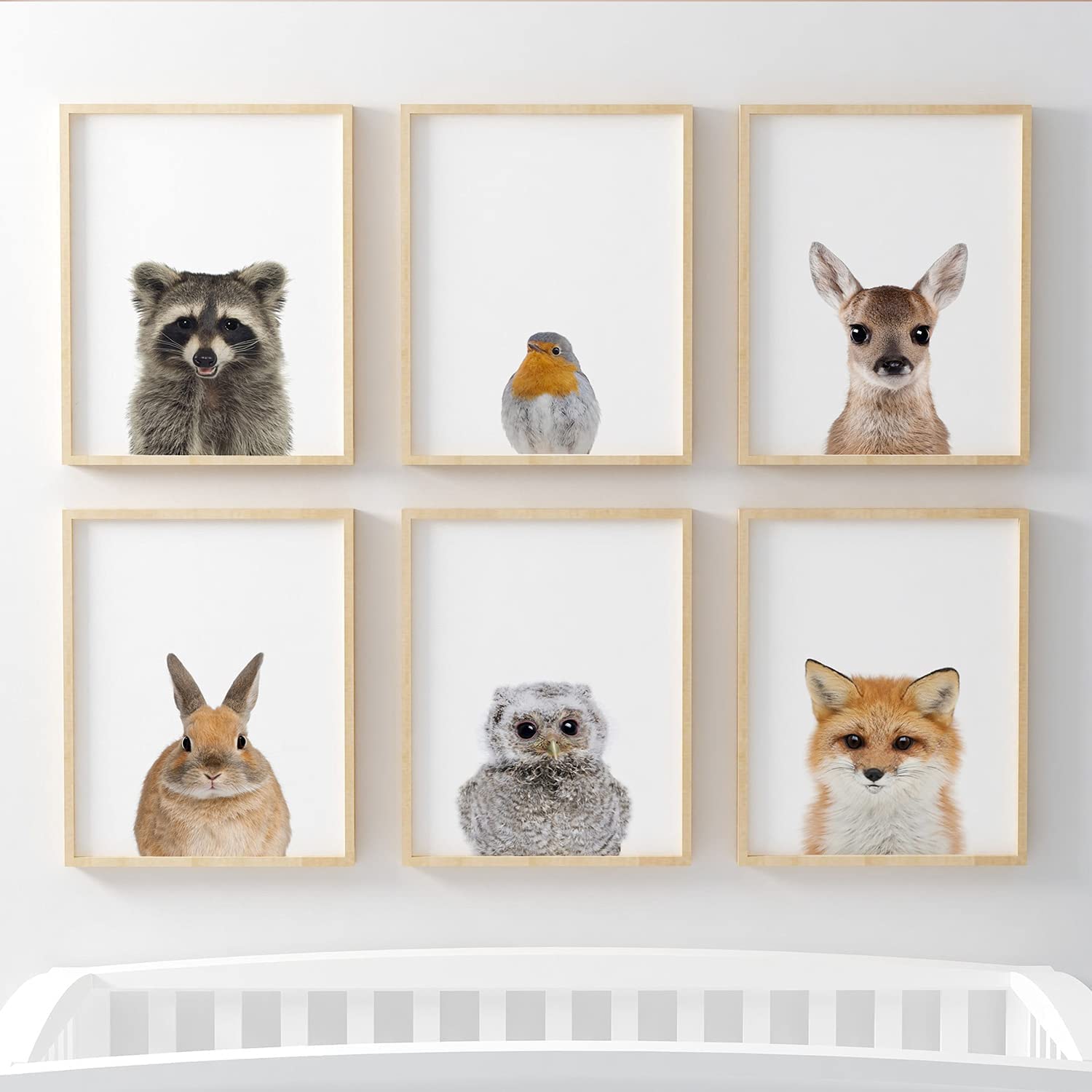 Pompom Prints® Woodland Baby Animal Nursery Bedroom Wall Art Picture Prints, Set of 6 - Racoon, Robin, Deer, Bunny, Owl, Fox [Picture Frames NOT Included] (A3)…