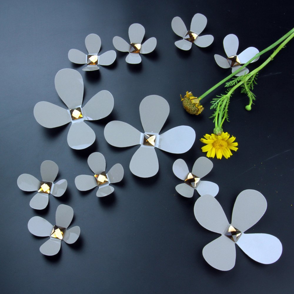 Walplus Beige 3D Crystal Flowers Art Decals Home Restaurant Removable Self-Adhesive Wall Sticker, Beige, 10 x 18 x 3.5 cm, 12-Piece