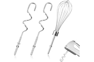 Lyreh 2pcs Hand Mixer Dough Hooks, Stainless Steel Dough Hook Beaters Replacement with 1pcs Wire Rod Hand Mixer Whisk Attachm