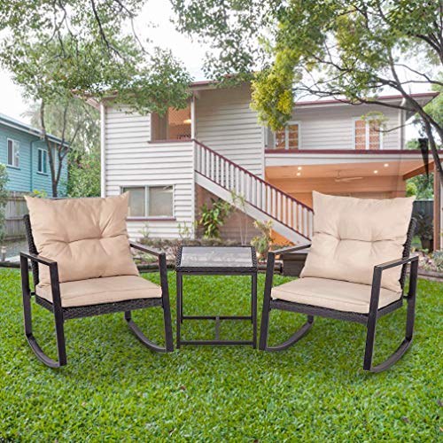 FDW Outdoor Bistro 3 Piece Patio Rocking Chair Wicker Conversation Set for Porch Poolside Lawn B ...