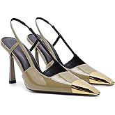THESHY Womens Slingback High Heels Metal Pointed Toe Leather High Stiletto Heel Pumps Slip on Elastic Strap Fashion Dress Shoes for Women