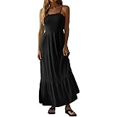 R.Vivimos Womens Summer Boho Cotton Maxi Dress Adjustable Spaghetti Strap Elastic Smocked Casual Ruffle Hem Flowy Beach Dress