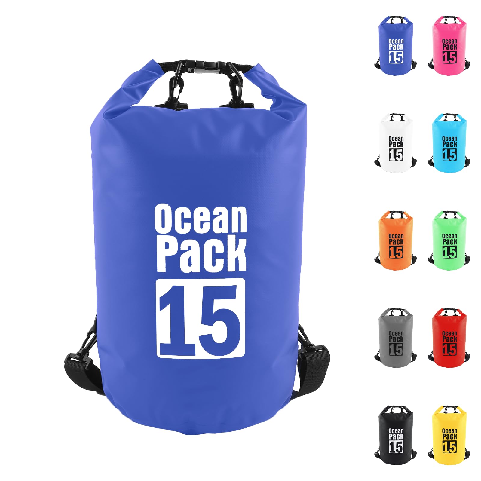 Dry Bag 15L, Boat Dry Bags Blue Waterproof Bag Dry Sack Roll Top Long Adjustable Shoulder Strap 2L/5L/10L/20L/30L/40L for Drifting Boating Kayaking Fishing Rafting Swimming Camping Canoeing Surfing