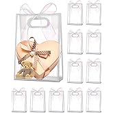 Liobelon 12 Pieces Clear Plastic Gift Bags with Handle Reusable Transparent Gift Bag with Ties PP Gift Wrap Tote Bag with Ribbon for Wedding Bridal Shower Birthday Party 7x10x3.15 Inch (white)