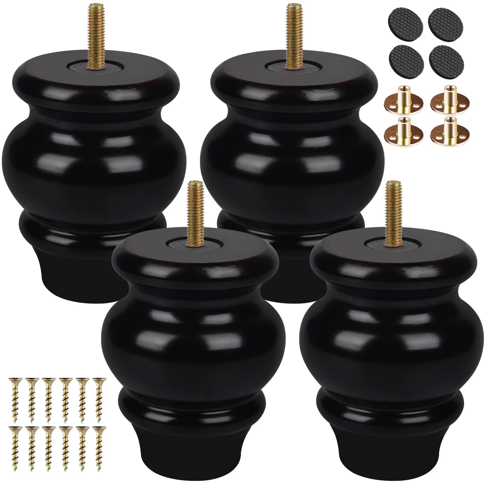 TCHOSUZ 4 inch / 9cm Wooden Furniture Legs, Pack of 4 Classic Black Solid Wood Turned DIY Replacement Bun Feet with M8 Hanger Bolts & T-Nuts for Sofa Couch Ottoman Cabinet Table Riser — image 1