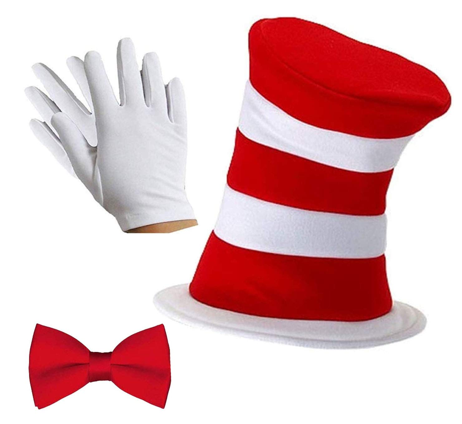 GrassVillage Adult Cat in the Hat – 3 Piece Fancy Dress Accessory Set - Red and White Striped Hat, Bow Tie, and Gloves - Ideal for World Book Day, Dr. Seuss Parties, and Fancy Dress.