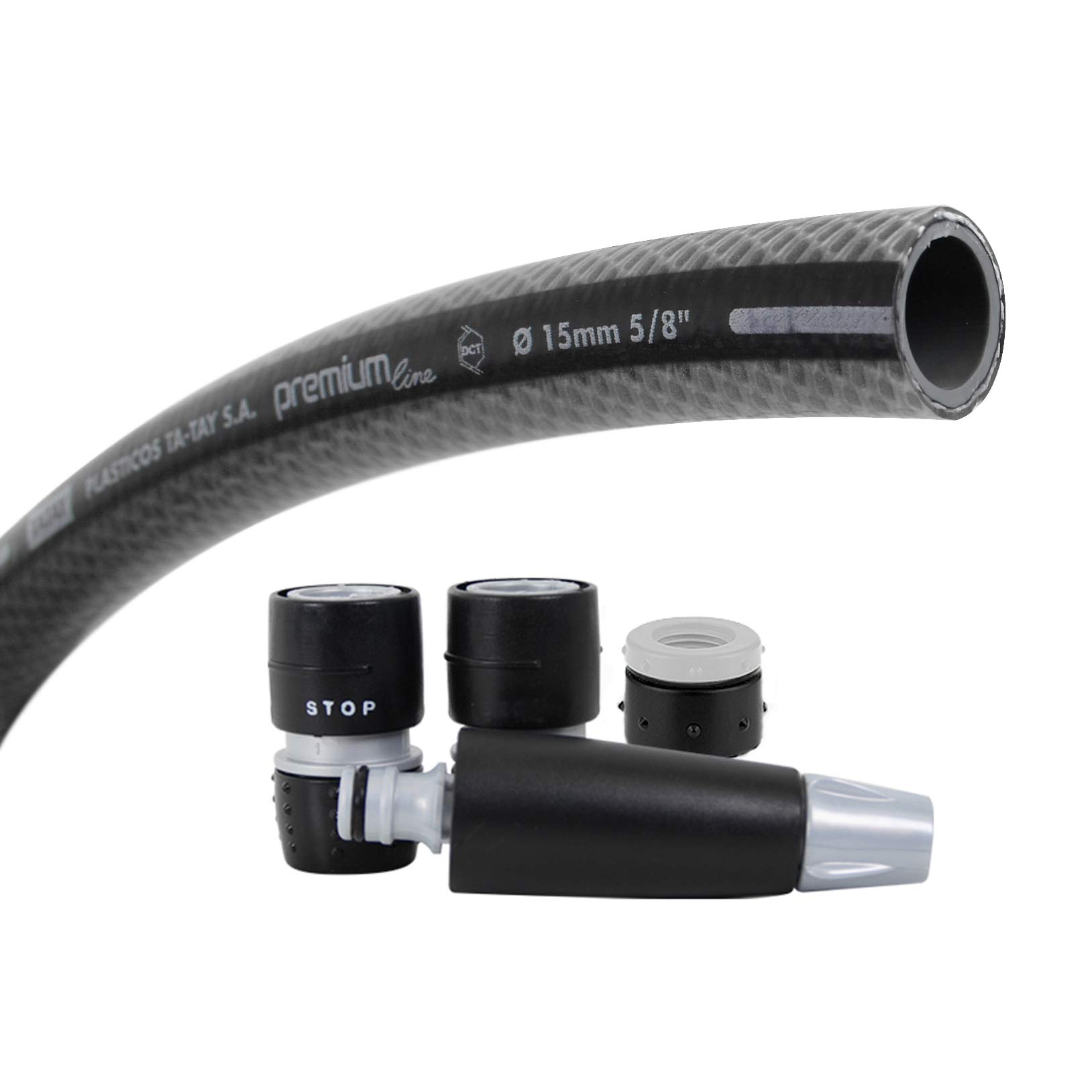 TATAY set Premium hose, in rolls of 25m, made of PVC with double mesh and great resistance to pressure. NTS plus system, anti-twist, with complete watering set, soft touch and anti-UV properties