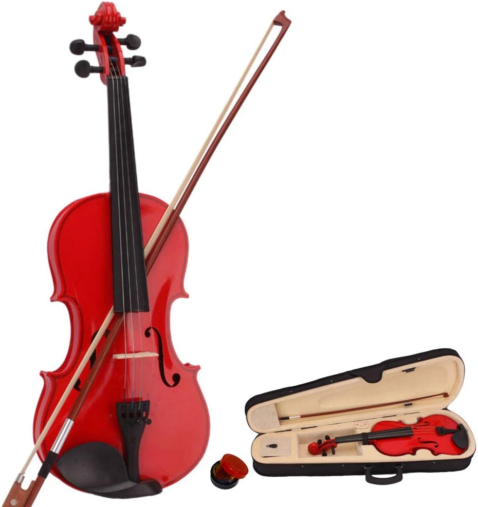 Tenozek 4/4 Full Size Violin, Natural Solid Wood Satin Acoustic Starter Kit with Case, Bow, Rosin for Christmas Gift (Red)