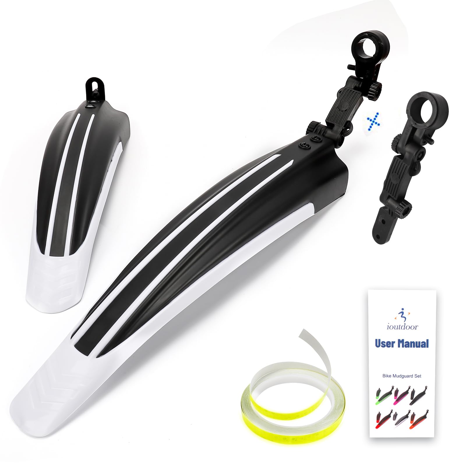 ioutdoor Bike Mudguard Set with 27ft DIY Reflective Tape, Bike Fenders Set Adjustable,Bicycle Front and Rear Mud Guard Fits for 20",22",24",26",27",28" MTB Mountain Road Bike Cycling (Black White) — image 1