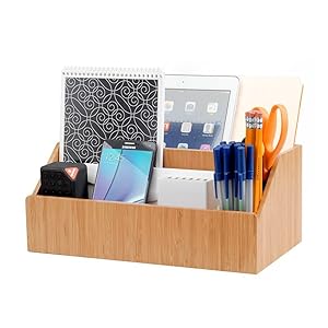 MobileVision Bamboo Desktop All-in-One Organizer for File Folders, Notepads, Pens, Stationary Items, Small Electronics and More