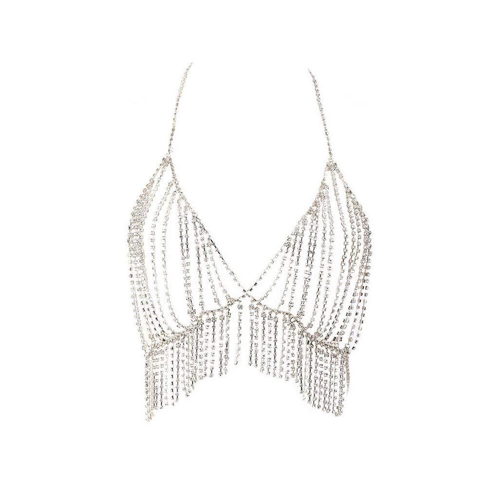 Rhinestone Chest Chain Crystal Body Diamond Bikini Jewelry Tassel Belly Dance Top for Beach Party Swimming Pool